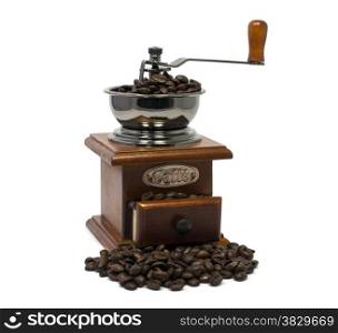 old coffee grinder with beans isolated on white