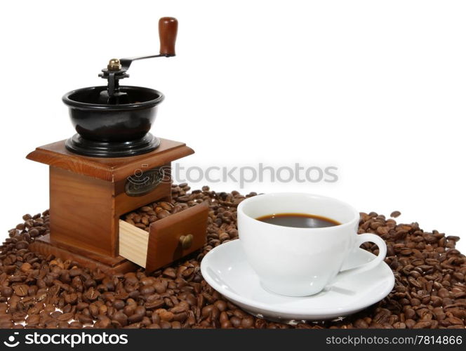 Old coffee mill coffee mug on the white background