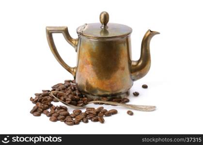 old coffee pot, spoon and coffee beans isolated on white background