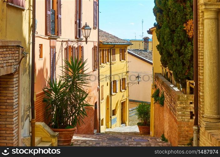 Old colorful street in Santarcangelo di Romagna town, Rimini, Italy