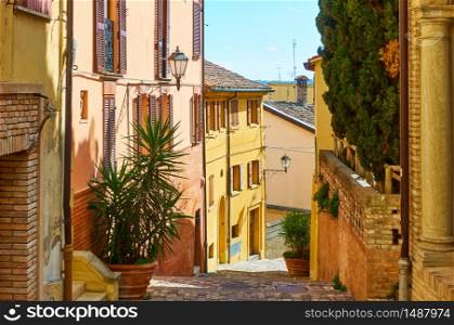 Old colorful street in Santarcangelo di Romagna town, Rimini, Italy