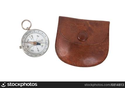 Old compass with etui, isolated on white