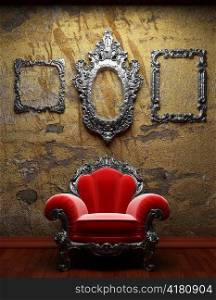 old concrete wall and chair made in 3D graphics