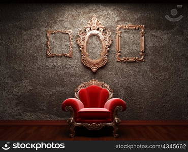 old concrete wall and chair made in 3D graphics