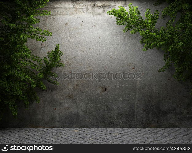 old concrete wall and plant made in 3D graphics