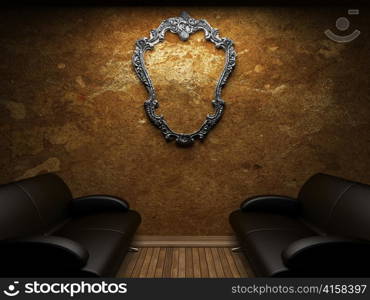 old concrete wall and sofa made in 3D graphics