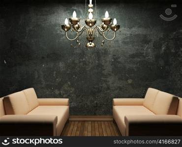 old concrete wall and sofa made in 3D graphics