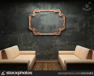 old concrete wall and sofa made in 3D graphics