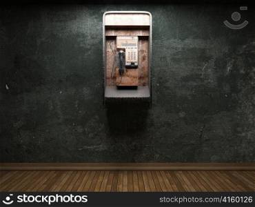 old concrete wall and telephone booth made in 3D graphics