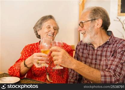 Old couple toasting and looking happy at a restaurant