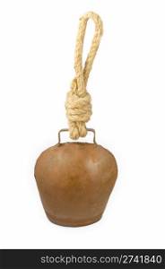 Old cowbell with knotted rope isolated on white background