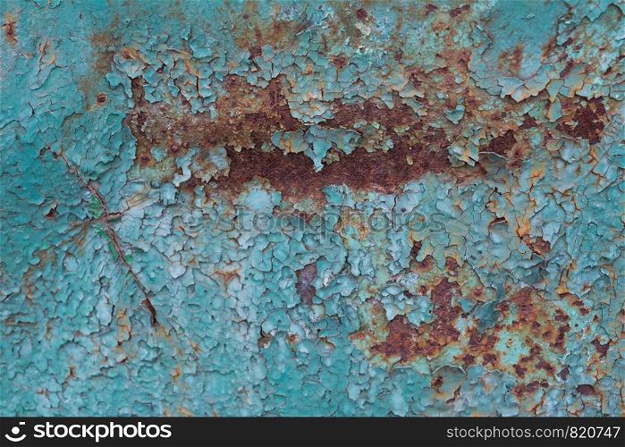 Old cracked blue paint and rusted metal background. Grunge texture template for overlay artwork.