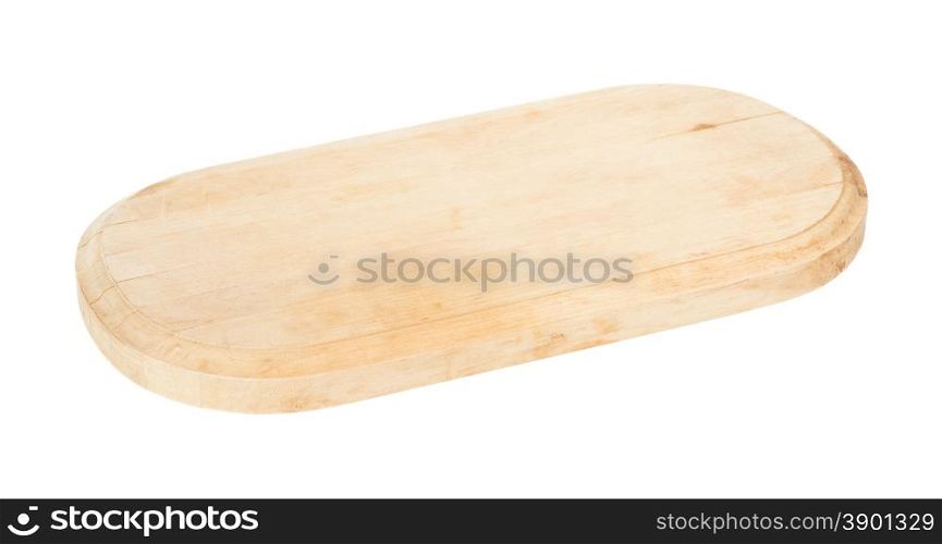 Old cracked wooden cutting board on white background