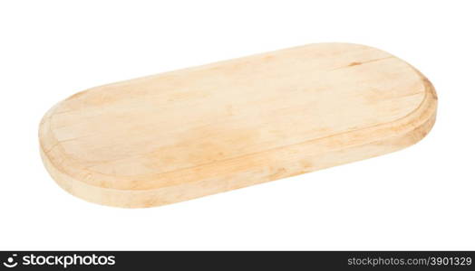 Old cracked wooden cutting board on white background