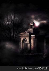 Old crypt or temple in the dark forest landscape 3d illustration.