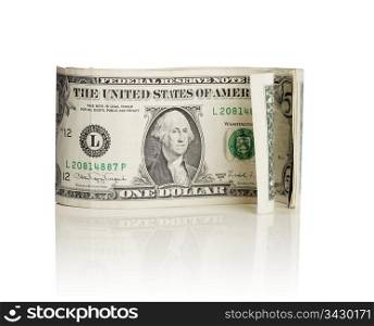 Old curly US dollar bills isolated on white with natural reflection.