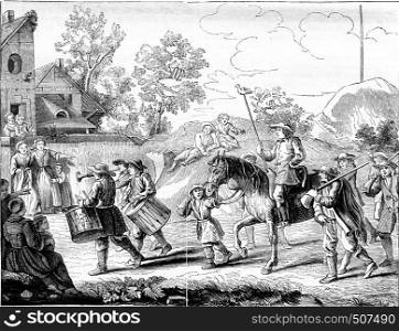 Old customs in France. Back the winner in Game Papaeguay, vintage engraved illustration. Magasin Pittoresque 1842.
