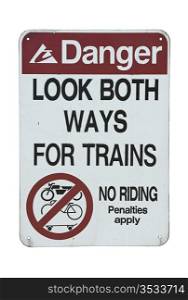 old danger traffic sign look both ways for trains on white background