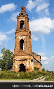 Old destroyed bell tower of Church of the Dormition in the village Voron&rsquo;e, Kostroma region, Russia