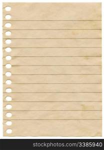 Old dirty stained blank notepaper page isolated on a white background.