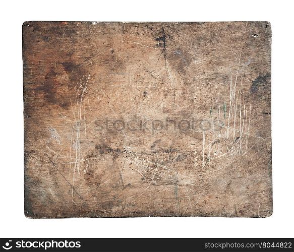 Old dirty wooden signboard close-up isolated on white background