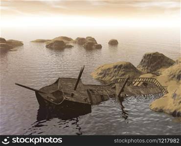 Old dirty wreck stranded next to small islands by sunset. Old wreck - 3D render