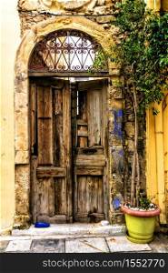 old door in narrow street of Rethymno town, Crete, Greece. narrow old streets of Rethymno town , Crete island, Greece