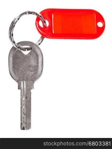 old door key with red blank keychain isolated on white background