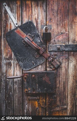 Old door, wood texture, metal latch lock