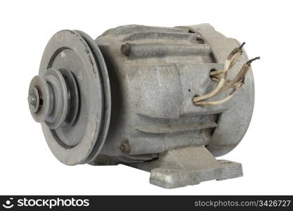 Old electric motor with a pulley, isolated on white background