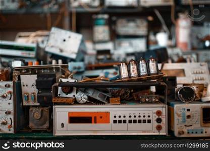 Old electrical testing tools in laboratory, nobody. Lab equipment, electronic measurement devices, engineering workshop