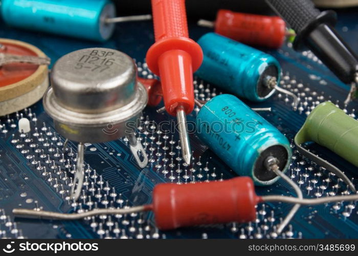 old electronic components and printed circuit board