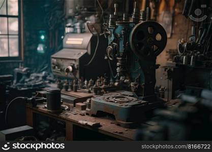 old empty mechanical workshop with many messy things created by generative AI