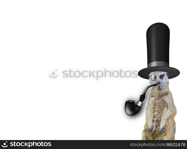 old english concept a funny elegant meerkat wearing a high hat and smoking the pipe isolated on a white background