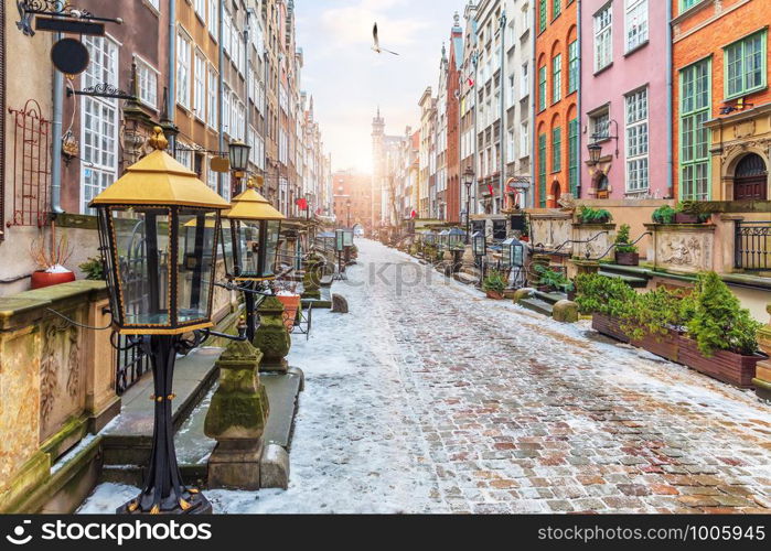 Old European Street Mariacka in Gdansk, Poland, morning view, no people.. Old European Street Mariacka in Gdansk, Poland, morning view, no people