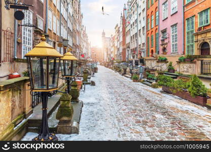 Old European Street Mariacka in Gdansk, Poland, morning view, no people.. Old European Street Mariacka in Gdansk, Poland, morning view, no people