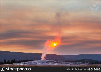 Old Faithful geyser eruption  in Yellowstone National Park, USA