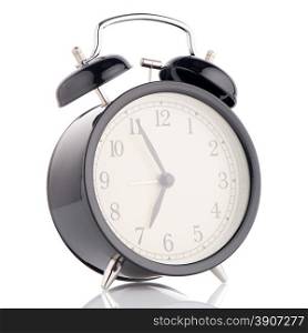 Old fashioned alarm clock on white background.