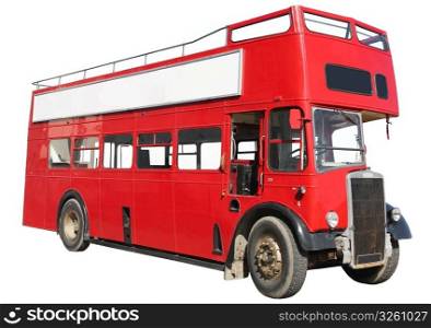 Old fashioned London red double-decker sightseeing open top bus, isolated on a white background.