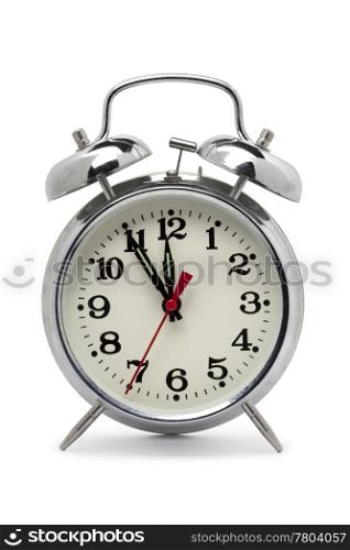 Old fashioned metal alarm clock on white background
