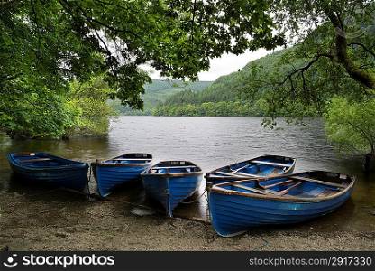 Old fashioned rowing boats on shore of lake in Summer