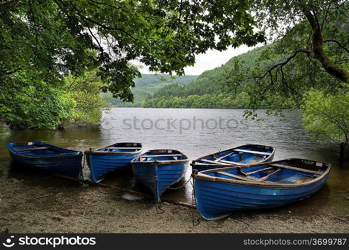 Old fashioned rowing boats on shore of lake in Summer