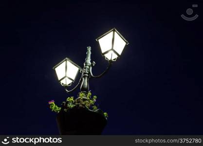 Old fashioned street lamp at night with flowers