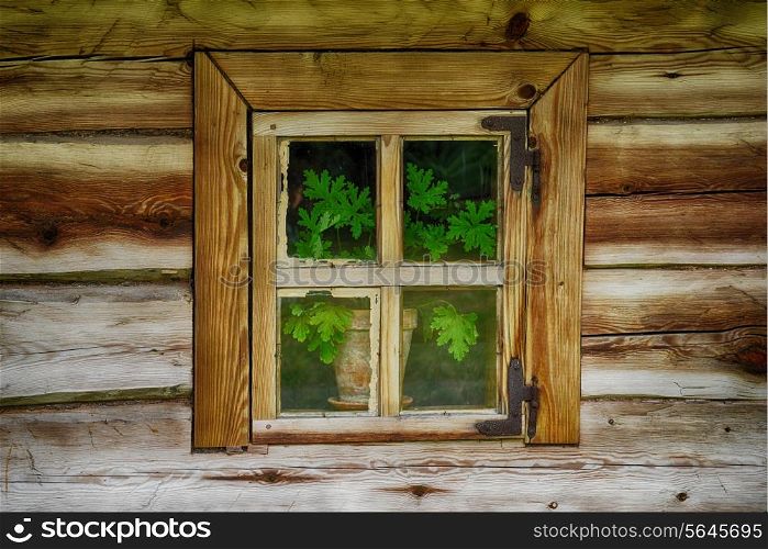 Old-fashioned window of wooden house
