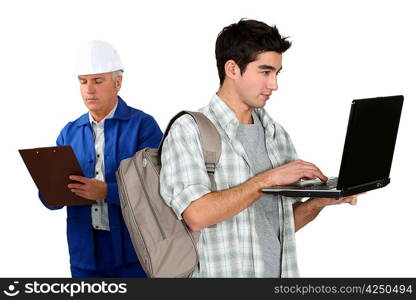 Old fashioned worker stood with teenager