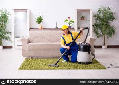 Old female contractor doing housework 