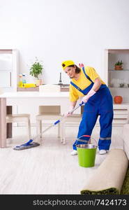 Old female contractor doing housework 