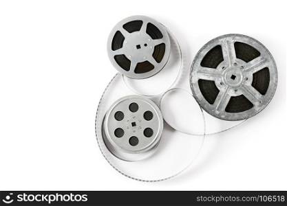 Old film strip isolated on white background. Top view. Copy space.