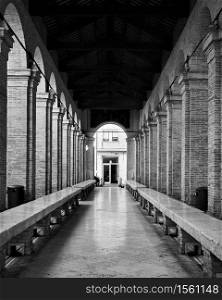 Old Fish Market in Rimini, Italy. Symmetry and perspective. Black and white architectural photography
