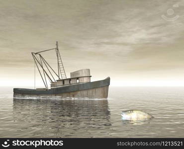 Old fishing boat next to a fish in the ocean by cloudy day. Old fishing boat - 3D render